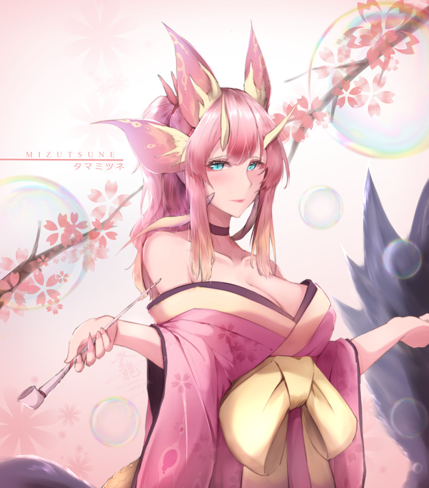 1girl bare_shoulders blue_eyes breasts cleavage collarbone eyebrows_visible_through_hair flower genderswap genderswap_(mtf) highres holding holding_pipe horns japanese_clothes kiseru large_breasts long_hair looking_at_viewer mizutsune_(armor) monster_girl monster_hunter monster_hunter_xx obi personification pipe sash scales slit_pupils smile smoking solo suiiryu