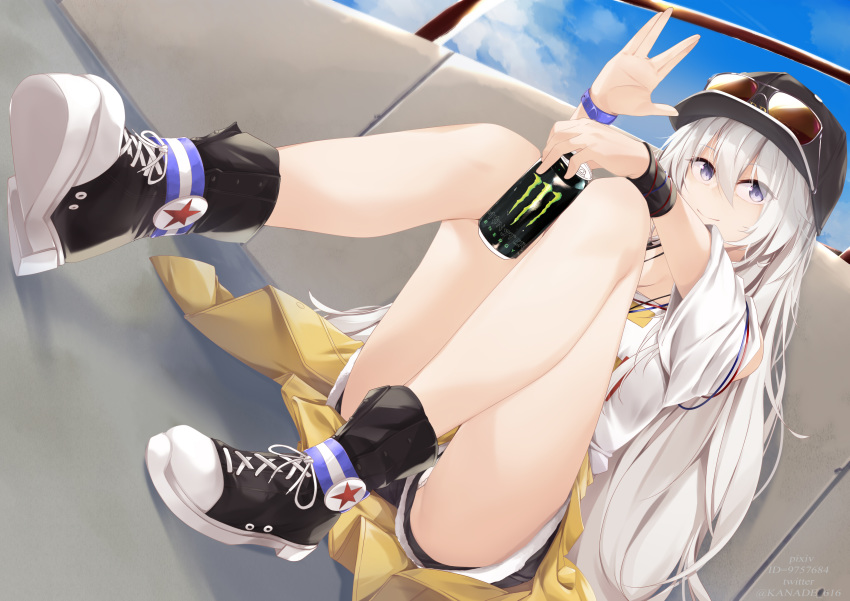 1girl absurdres alternate_costume azur_lane bangs bare_shoulders baseball_cap black_footwear black_headwear black_shorts blue_sky boots breasts brown-tinted_eyewear brown_jacket can closed_mouth clothes_around_waist cloud commentary day dutch_angle energy_drink enterprise_(anniversary_ride)_(azur_lane) enterprise_(azur_lane) eyebrows_visible_through_hair eyewear_on_headwear hair_between_eyes hand_up hat highres holding holding_can jacket jacket_around_waist kana616 knees_up long_hair looking_at_viewer monster_energy off-shoulder_shirt off_shoulder outdoors pixiv_id purple_eyes salute shirt shoe_soles short_shorts short_sleeves shorts silver_hair sitting sky smile solo star_trek sunglasses twitter_username very_long_hair vulcan_salute white_hair white_shirt