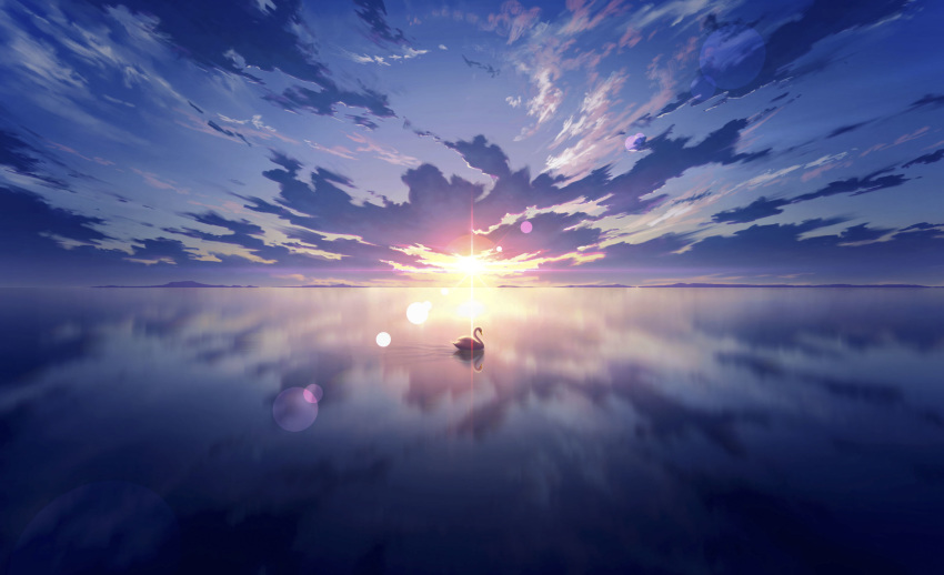 absurdres animal bird blurry bokeh cloud cloudy_sky dark_clouds dark_sky depth_of_field fantasy highres horizon kijineko light_rays no_humans ocean original outdoors reflection scenery sky splashing sun sunlight sunset swan swimming very_wide_shot water white_bird yellow_sky yuuyake_koyake