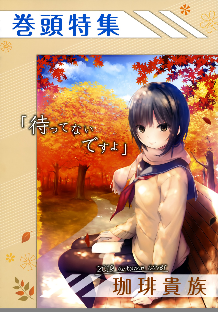 1girl absurdres aoyama_sumika autumn_leaves bangs black_legwear blue_sky blush brown_eyes brown_hair closed_mouth cloud cloudy_sky coffee-kizoku day eyebrows_visible_through_hair highres long_sleeves looking_at_viewer original outdoors pleated_skirt sailor_collar scan scarf school_uniform shiny shiny_hair sitting skirt sky smile solo thighhighs tree winter_clothes zettai_ryouiki