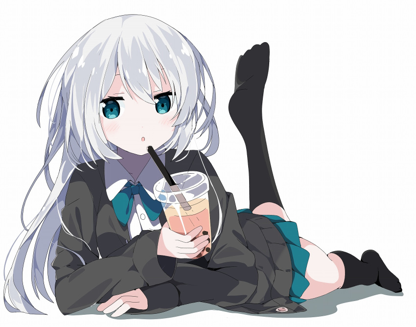 1girl :o aqua_eyes aqua_neckwear aqua_skirt bangs black_cardigan black_legwear blue_eyes blue_neckwear blue_skirt blush bow bowtie bubble bubble_tea cardigan collared_shirt commentary_request cup disposable_cup dress_shirt drinking_straw eyebrows_behind_hair feet_up full_body hair_between_eyes highres holding holding_cup kneehighs long_hair long_sleeves looking_at_viewer lying no_shoes on_stomach open_cardigan open_clothes original parted_lips pleated_skirt shadow shirt silver_hair simple_background skirt sleeves_past_wrists solo tantan_men_(dragon) white_background white_shirt