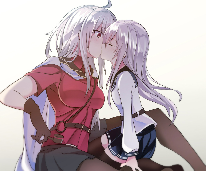 2girls age_difference ahoge belt black_legwear black_skirt blue_skirt blush breasts brown_gloves closed_eyes commentary fathom gangut_(kantai_collection) gloves grey_hair hair_between_eyes hibiki_(kantai_collection) highres jacket jacket_on_shoulders kantai_collection kiss long_hair long_sleeves military military_jacket multiple_girls open_mouth pantyhose pleated_skirt red_eyes red_shirt remodel_(kantai_collection) school_uniform shirt short_sleeves simple_background skirt thighhighs uniform verniy_(kantai_collection) white_background white_hair white_jacket yuri