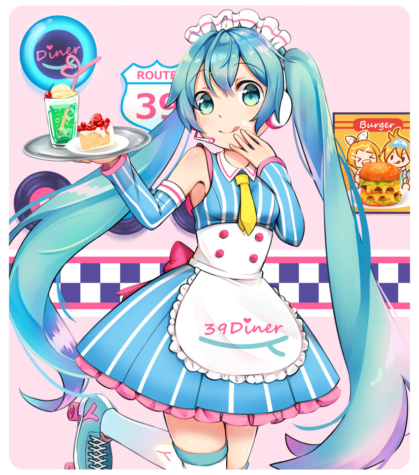 &gt;_&lt; 1girl 39 :p apron aqua_eyes aqua_hair bare_shoulders blonde_hair blue_dress cake commentary crazy_straw cream cream_on_face cup detached_sleeves diner dress drinking_glass drinking_straw food food_on_face frilled_apron frills hamburger hand_on_own_chin hatsune_miku headphones headset heart heart_straw highres ice_cream iluka_(ffv7) indoors kagamine_len kagamine_rin leg_up long_hair maid_headdress plate poster record restaurant road_sign sign skates smile soda solo spring_onion_print striped striped_dress striped_sleeves thighhighs tongue tongue_out tray twintails very_long_hair vocaloid waitress white_legwear