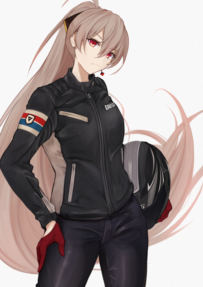 1girl alternate_costume azur_lane black_jacket black_pants brown_hair closed_mouth commentary_request cowboy_shot floating_hair gloves hand_on_hip head_tilt headwear_removed helmet helmet_removed highres holding jacket jean_bart_(azur_lane) jewelry long_hair long_sleeves looking_at_viewer marshall2033 pants ponytail red_eyes red_gloves simple_background single_earring solo standing very_long_hair white_background