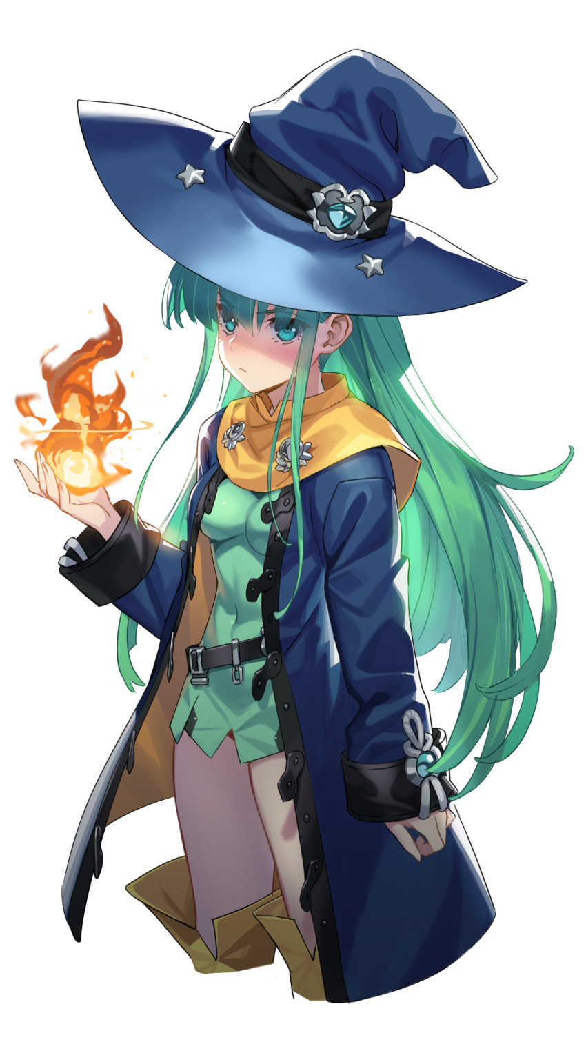 1girl bangs belt black_belt blue_coat blue_eyes blue_headwear boots breasts coat covered_navel dress fire frown green_dress green_hair hat highres long_hair looking_at_viewer loose_belt magic masou_shizuka medium_breasts microdress open_clothes open_coat rance_(series) rance_10 siino simple_background solo thigh_boots thighhighs very_long_hair white_background witch witch_hat yellow_capelet yellow_footwear yellow_legwear