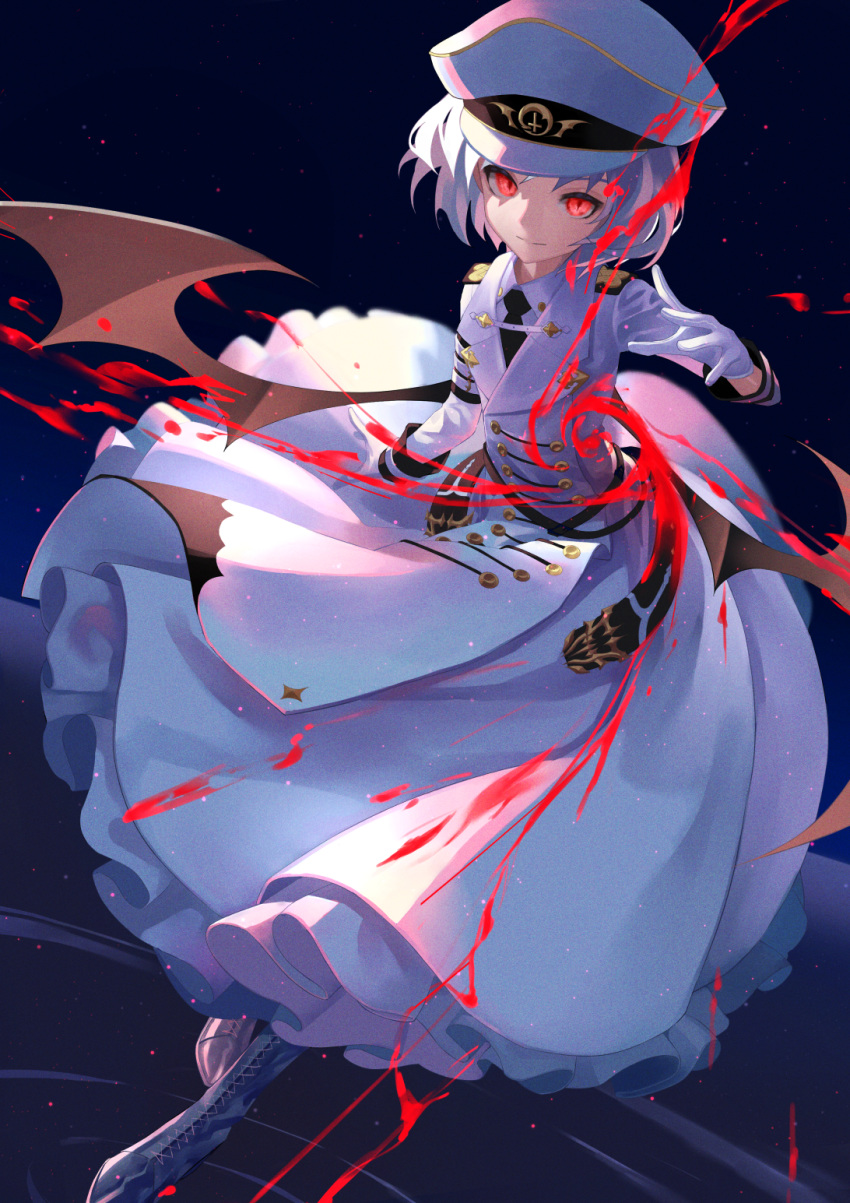 1girl adapted_costume bat_wings belt blood boots commentary cross-laced_footwear dress epaulettes gloves hat highres lavender_hair looking_at_viewer military military_hat military_uniform necktie peaked_cap red_eyes remilia_scarlet short_hair slit_pupils solo touhou tsuki-shigure uniform white_dress white_gloves white_headwear white_uniform wings