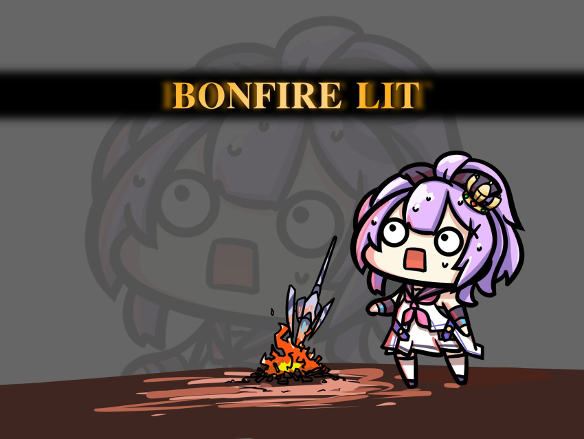 1girl azur_lane bonfire chibi commentary commentary_request crown dark_souls full_body gameplay_mechanics grey_background highres javelin_(azur_lane) kagami_(kagamina) mini_crown neckerchief o_o parody pink_neckwear purple_hair solo souls_(from_software) square_mouth standing sweat zoom_layer