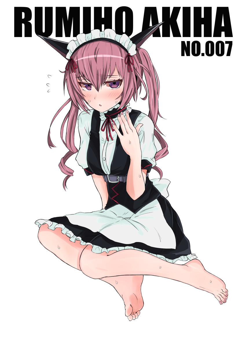 1girl absurdres akiha_rumiho animal_ears apron bare_legs barefoot blush breasts cat_ears character_name dress eyebrows_visible_through_hair feet full_body highres kahlua_(artist) looking_at_viewer maid maid_apron maid_headdress medium_breasts medium_hair nail_polish neck_ribbon parted_lips pink_hair pink_nails purple_eyes red_neckwear ribbon short_sleeves simple_background soles solo steins;gate sweat toes twintails white_background