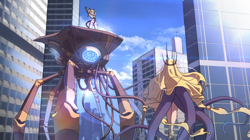 2girls arms_up black_leotard city commentary crop_top crown cthulhu cthulhu_mythos day fantasy floating hastur head_chain high_heels highres leotard looking_at_another mecha mechanical_arm mechanical_tail multiple_girls outdoors personification revealing_clothes rhasta scenery shirt standing t-shirt tail tentacles thighhighs twintails veil white_legwear white_shirt