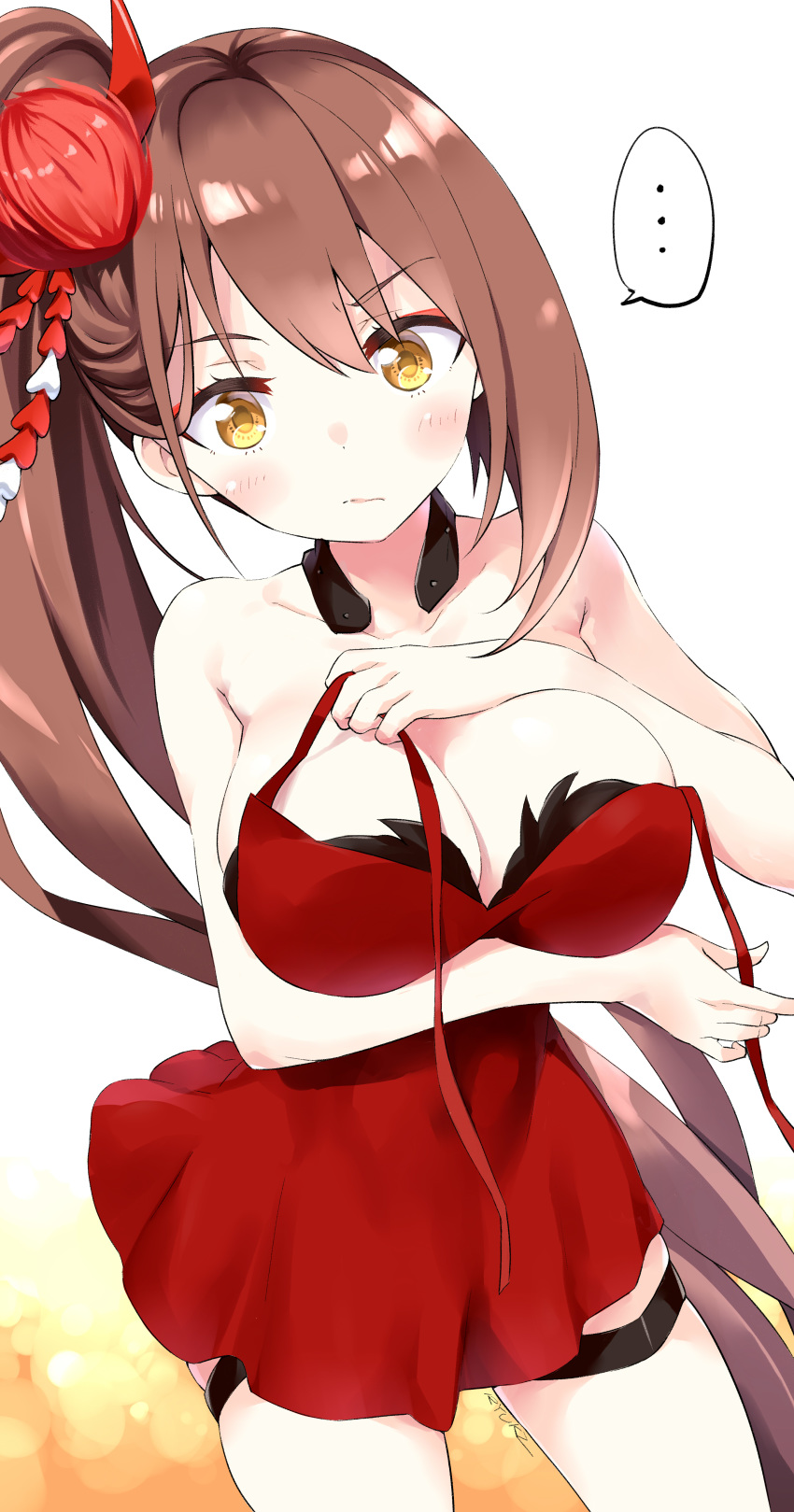 ... 1girl absurdres adjusting_clothes azur_lane bare_shoulders breasts brown_hair cleavage collarbone commentary_request dress gradient gradient_background hair_ornament highres long_hair looking_down red_dress ryuki_(ryukisukune) side_ponytail signature simple_background solo very_long_hair yellow_eyes zuikaku_(azur_lane)