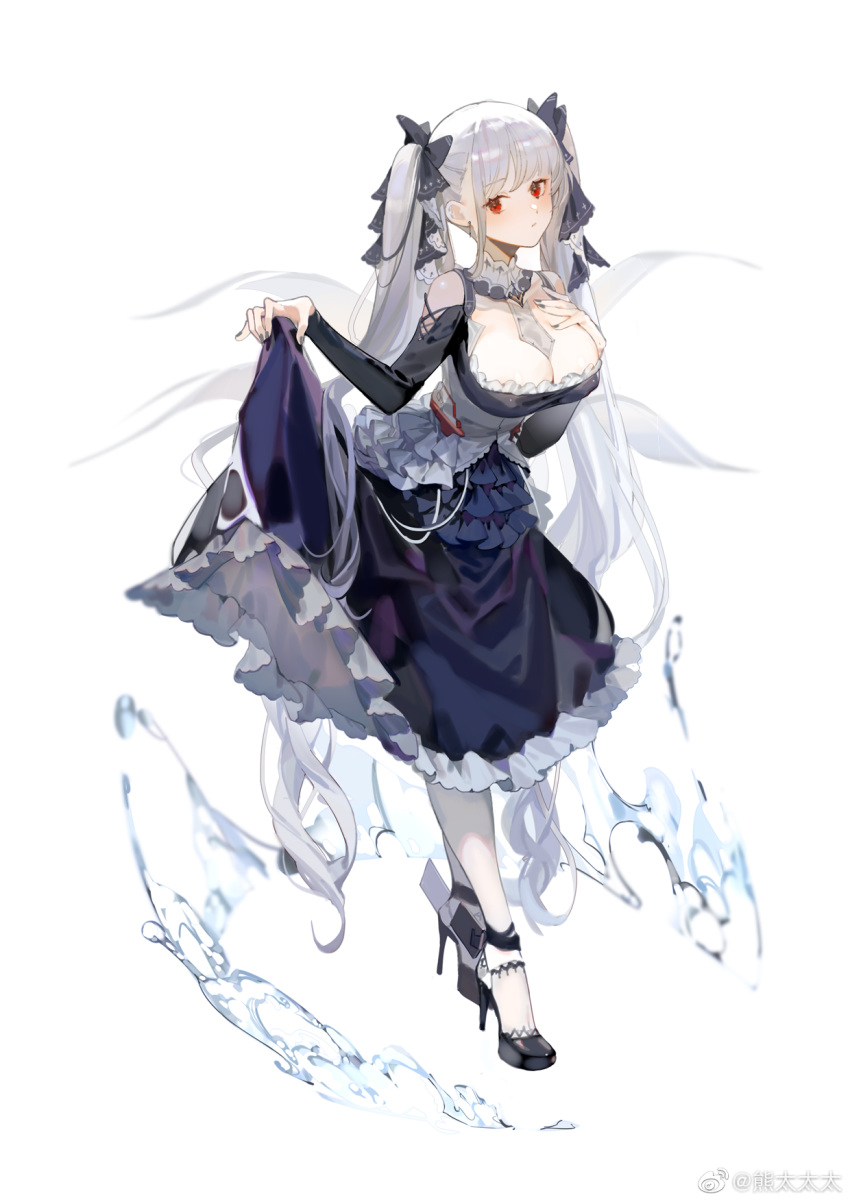 1girl azur_lane black_dress breasts cleavage dress dress_lift expressionless eyebrows_visible_through_hair formidable_(azur_lane) hair_ribbon hand_on_own_chest happytreefriendspikapika high_heels highres large_breasts leaning_forward lifted_by_self long_hair nail_polish red_eyes ribbon sidelocks silver_hair solo standing twintails very_long_hair weibo_username white_legwear