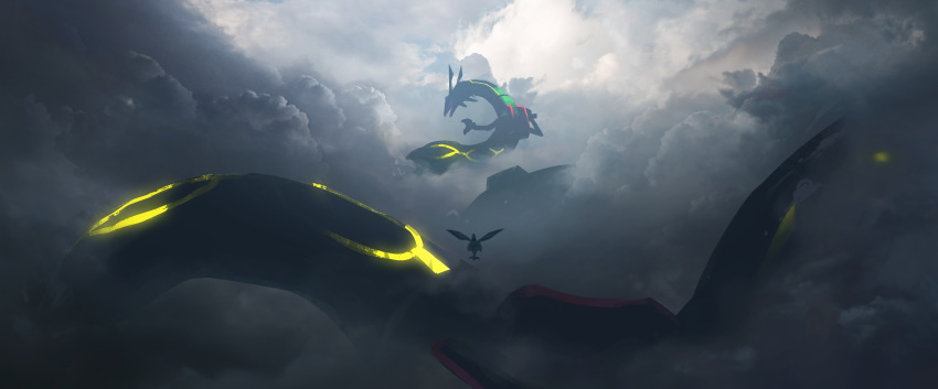 absurdres asteroid_ill claws cloud cloudy_sky dark_clouds flygon gen_3_pokemon glowing highres horns huge_filesize legendary_pokemon neon_trim pokemon pokemon_(creature) pokemon_(game) pokemon_rse pokemon_trainer rayquaza scenery size_difference sky sunlight wings