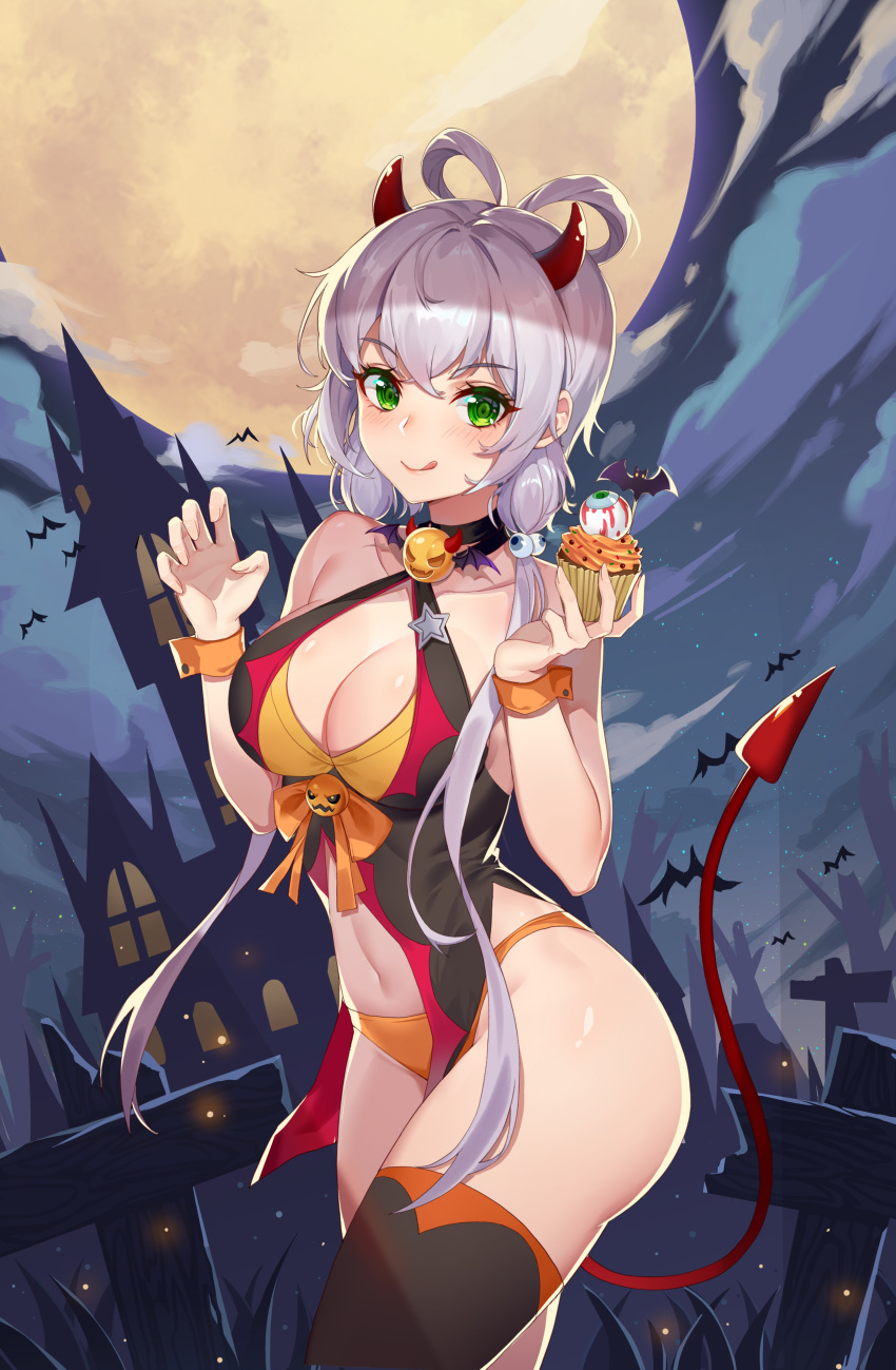 1girl :q absurdres bare_shoulders bat black_legwear black_shirt breasts center_opening choker claw_pose cleavage closed_mouth cloud collarbone commentary cowboy_shot criss-cross_halter cupcake demon_horns demon_tail food full_moon green_eyes hair_rings halloween halterneck hands_up highres holding holding_food horns large_breasts long_hair looking_at_viewer low_twintails luo_tianyi maoshinian1 moon navel no_pants orange_panties panties revealing_clothes shirt silver_hair single_thighhigh sleeveless sleeveless_shirt smile solo standing stomach tail thighhighs tongue tongue_out twintails underwear very_long_hair vocaloid vsinger wrist_cuffs
