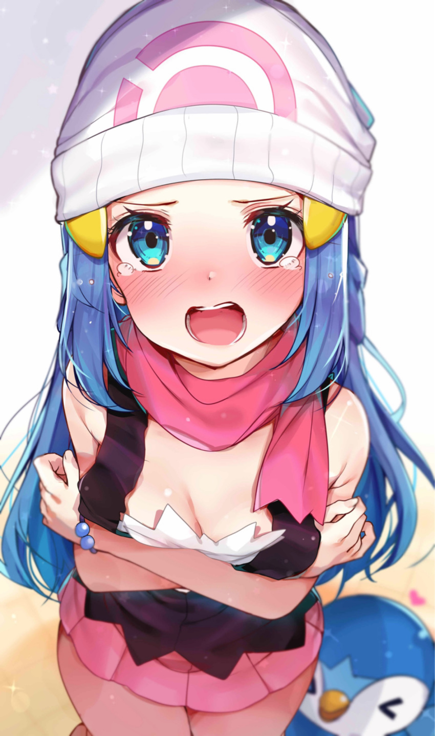 1girl absurdres bare_shoulders beanie blue_eyes blue_hair blush breasts cleavage commentary_request from_above gen_4_pokemon hat heart highres hikari_(pokemon) long_hair looking_at_viewer medium_breasts pink_skirt piplup pleated_skirt pokemon pokemon_(creature) pokemon_(game) pokemon_dppt rouka_(akatyann) scarf skirt solo_focus tearing_up