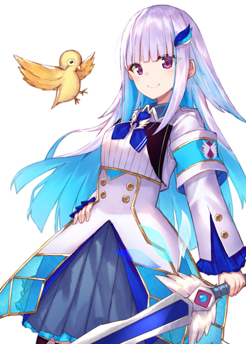 1girl absurdres animal armband bangs bird blue_hair blue_neckwear blue_skirt blush breasts closed_mouth commentary_request eyebrows_visible_through_hair frilled_skirt frills hair_ornament highres holding holding_sword holding_weapon jacket lize_helesta long_hair long_sleeves looking_at_viewer monocle multicolored_hair nijisanji pleated_skirt purple_eyes sebastian_piyodore silver_hair simple_background skirt small_breasts smile sword two-tone_hair very_long_hair virtual_youtuber weapon white_background white_jacket wide_sleeves yuuki_nao_(pixiv10696483)