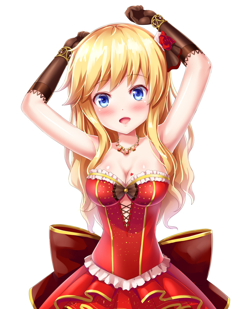 1girl armpits bangs bare_shoulders black_gloves blonde_hair blue_eyes blush breasts cleavage commentary_request dress eyebrows_visible_through_hair flower gloves hair_flower hair_ornament highres idolmaster idolmaster_cinderella_girls idolmaster_cinderella_girls_starlight_stage kyamu_(qqea92z9n) large_breasts long_hair looking_at_viewer ootsuki_yui red_dress red_flower simple_background smile solo wavy_hair white_background