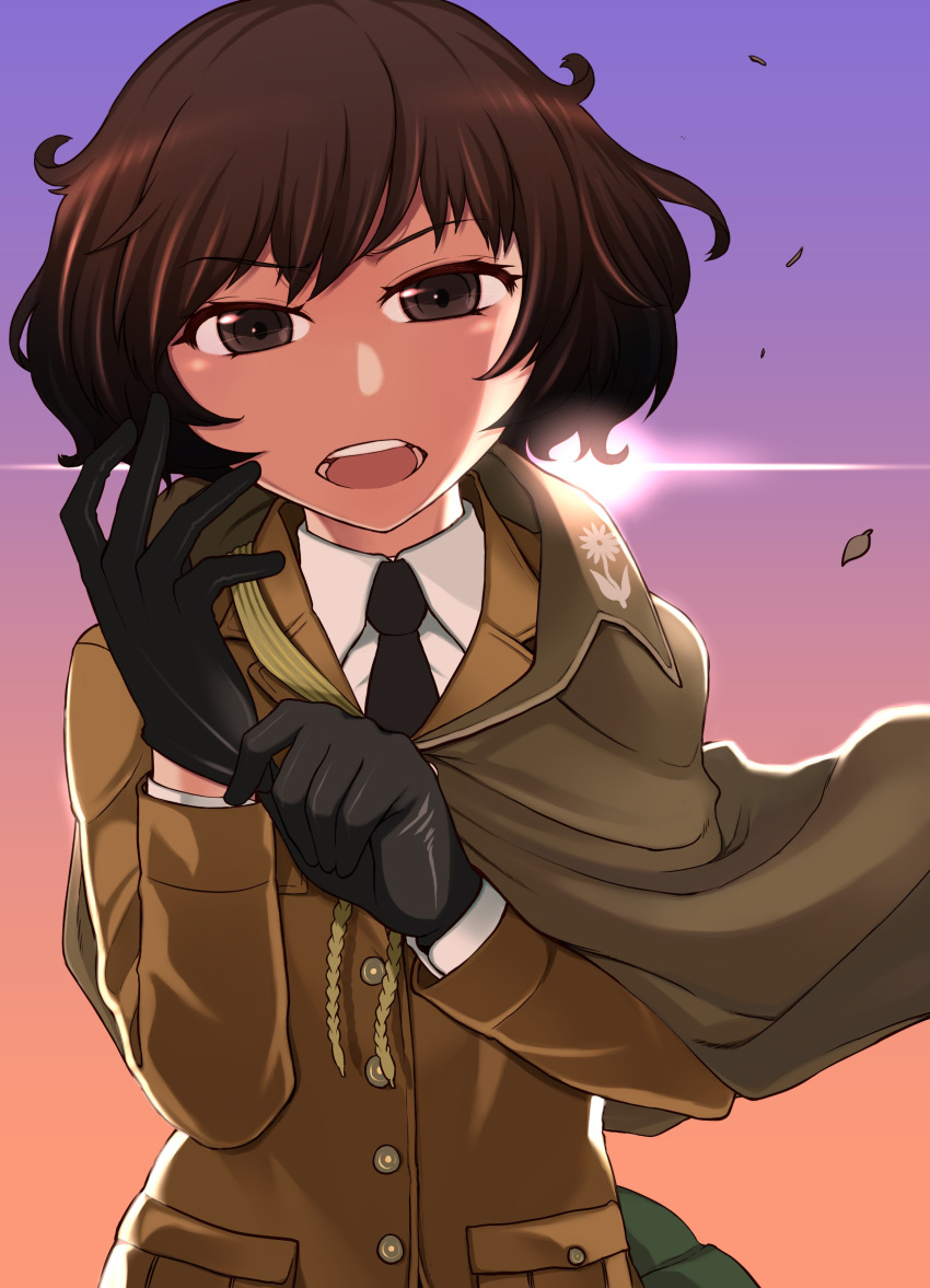 1girl absurdres aiguillette akiyama_yukari backlighting bangs black_gloves black_neckwear bonple_military_uniform brown_cape brown_eyes brown_hair brown_jacket cape commentary dress_shirt girls_und_panzer girls_und_panzer_ribbon_no_musha glove_pull gloves gradient_sky highres jacket leaf looking_at_viewer messy_hair military military_uniform necktie open_mouth orange_sky purple_sky shiroobi_(whitebeltmaster) shirt short_hair sky smile solo standing sun uniform white_shirt wind wing_collar