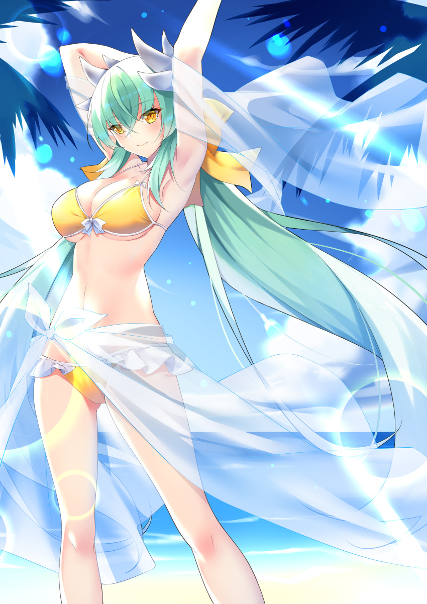 1girl armpits beach bikini blush bow breasts cloud dragon_girl fate/grand_order fate_(series) frilled_bikini frills green_hair hair_bow highres horns japanese_clothes kiyohime_(fate/grand_order) kiyohime_(swimsuit_lancer)_(fate) large_breasts long_hair looking_at_viewer navel outdoors rx7649 sand see-through sky solo swimsuit very_long_hair weapon yellow_bikini_bottom yellow_bikini_top yellow_eyes