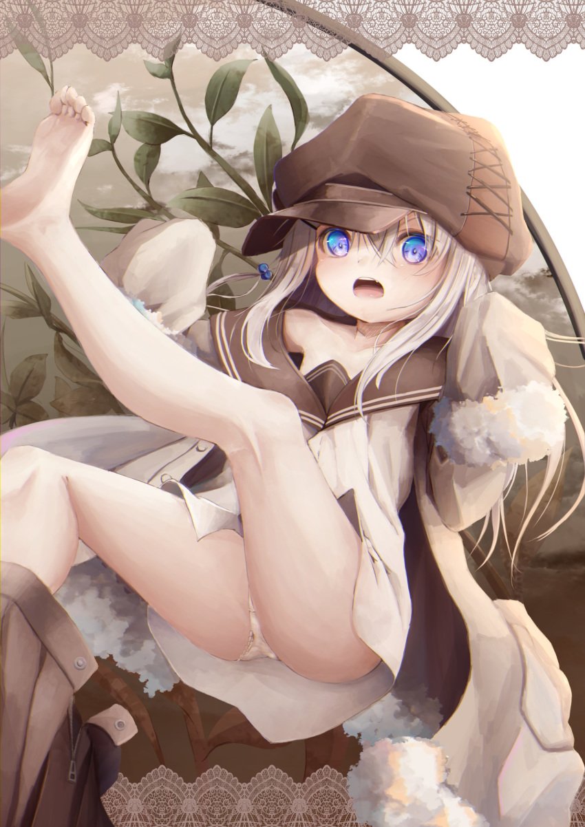 1girl absurdres ass bangs bare_legs barefoot blue_eyes blush brown_headwear brown_sailor_collar brown_skirt cabbie_hat collarbone commentary_request fang feet fur-trimmed_sleeves fur_trim grey_hair hair_between_eyes hat highres jacket leg_up long_hair long_sleeves looking_at_viewer open_clothes open_jacket open_mouth open_skirt original panties pleated_skirt sailor_collar shirt skirt skirt_around_one_leg sleeves_past_fingers sleeves_past_wrists soles solo toes underwear upper_teeth utatanecocoa white_jacket white_panties white_shirt