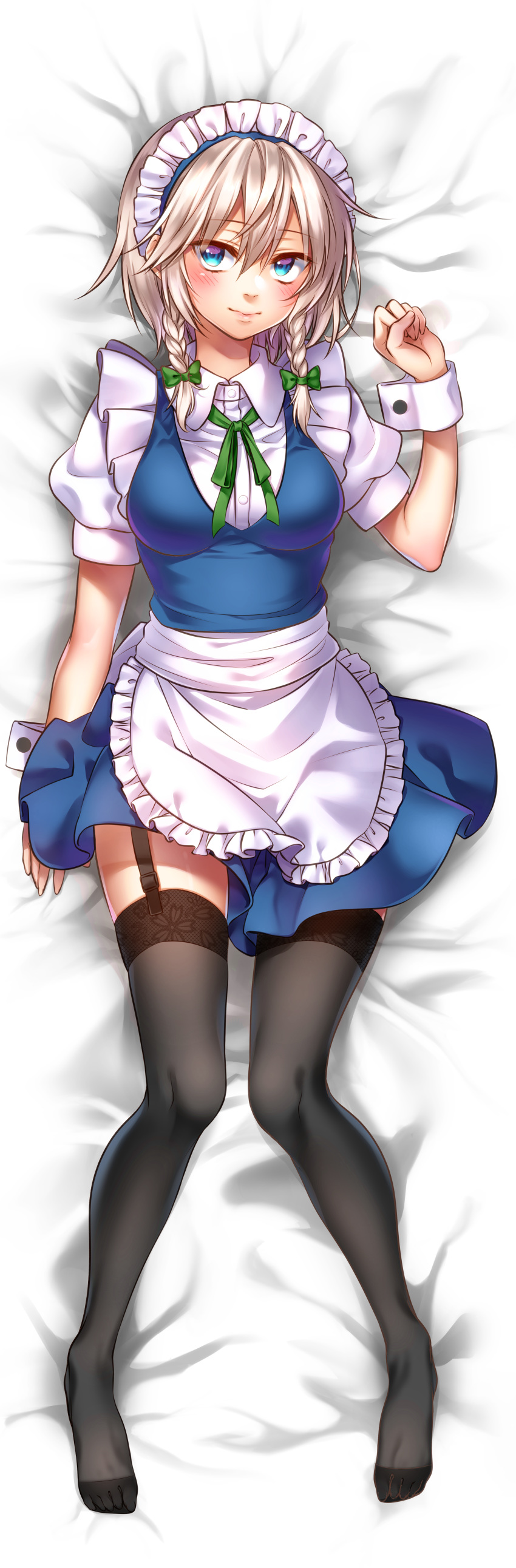 1girl absurdres apron bangs bed_sheet black_legwear blue_dress blue_eyes blush bow braid breasts clenched_hand commentary_request dakimakura dress eyebrows_visible_through_hair frilled_apron frills full_body garter_straps green_bow green_neckwear green_ribbon hair_between_eyes hair_bow hand_up highres izayoi_sakuya looking_at_viewer lying maid maid_apron maid_headdress medium_breasts neck_ribbon no_shoes nora_wanko on_back puffy_short_sleeves puffy_sleeves ribbon shirt short_dress short_hair short_sleeves silver_hair smile solo thighhighs thighs touhou twin_braids waist_apron white_apron white_shirt wrist_cuffs