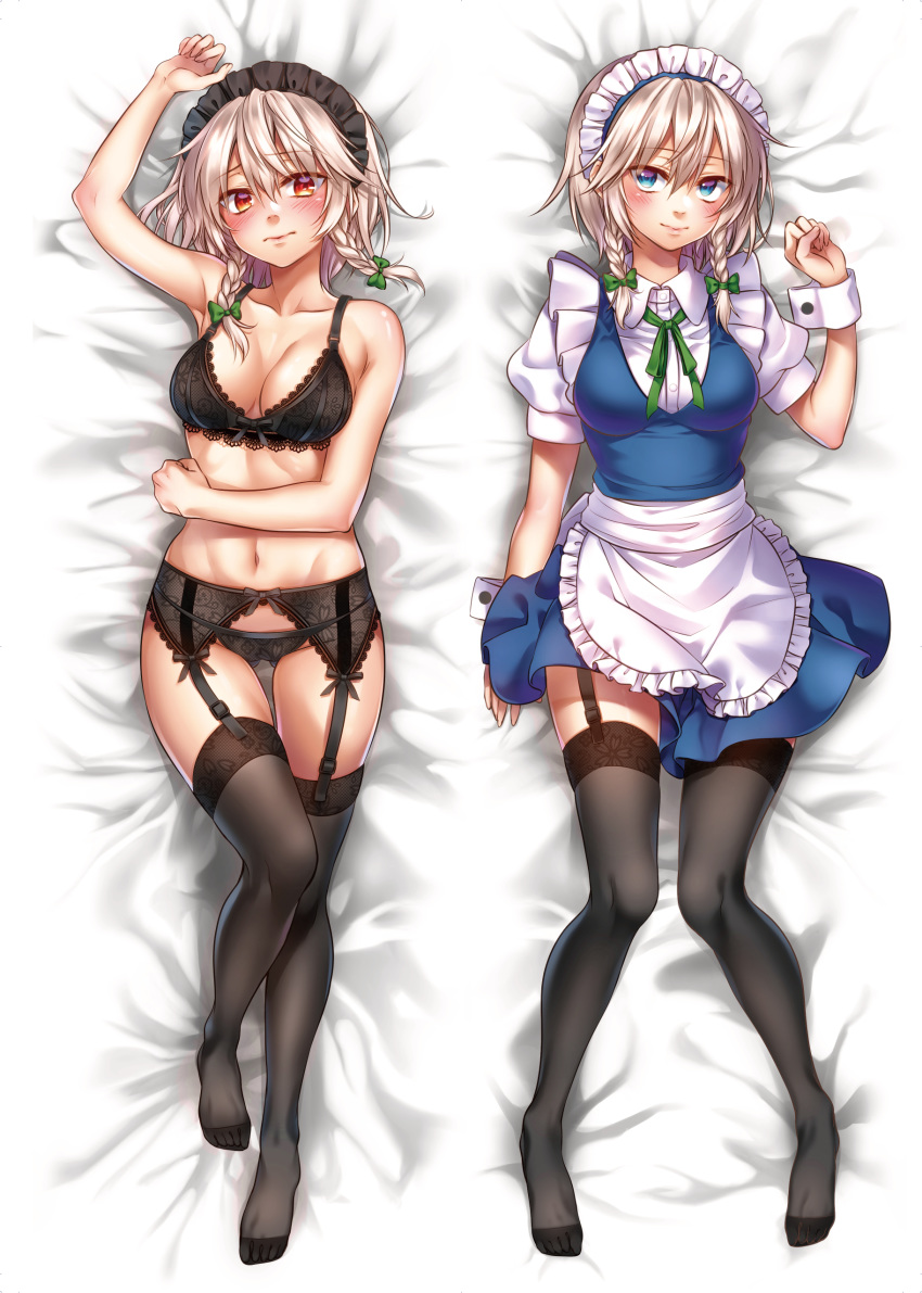 1girl absurdres apron arm_up armpits ass_visible_through_thighs bangs bare_arms bare_shoulders bed_sheet black_bra black_legwear black_panties blue_dress blue_eyes blush bow bra braid breasts cleavage clenched_hand collarbone commentary_request dakimakura dress eyebrows_visible_through_hair frilled_apron frills full_body garter_belt green_bow green_neckwear green_ribbon groin hair_between_eyes hair_bow hand_up highres izayoi_sakuya looking_at_viewer lying maid maid_apron maid_headdress medium_breasts multiple_views navel neck_ribbon no_shoes nora_wanko on_back panties puffy_short_sleeves puffy_sleeves red_eyes ribbon shirt short_dress short_hair short_sleeves silver_hair smile stomach thighhighs thighs touhou twin_braids underwear underwear_only waist_apron white_apron white_shirt wrist_cuffs