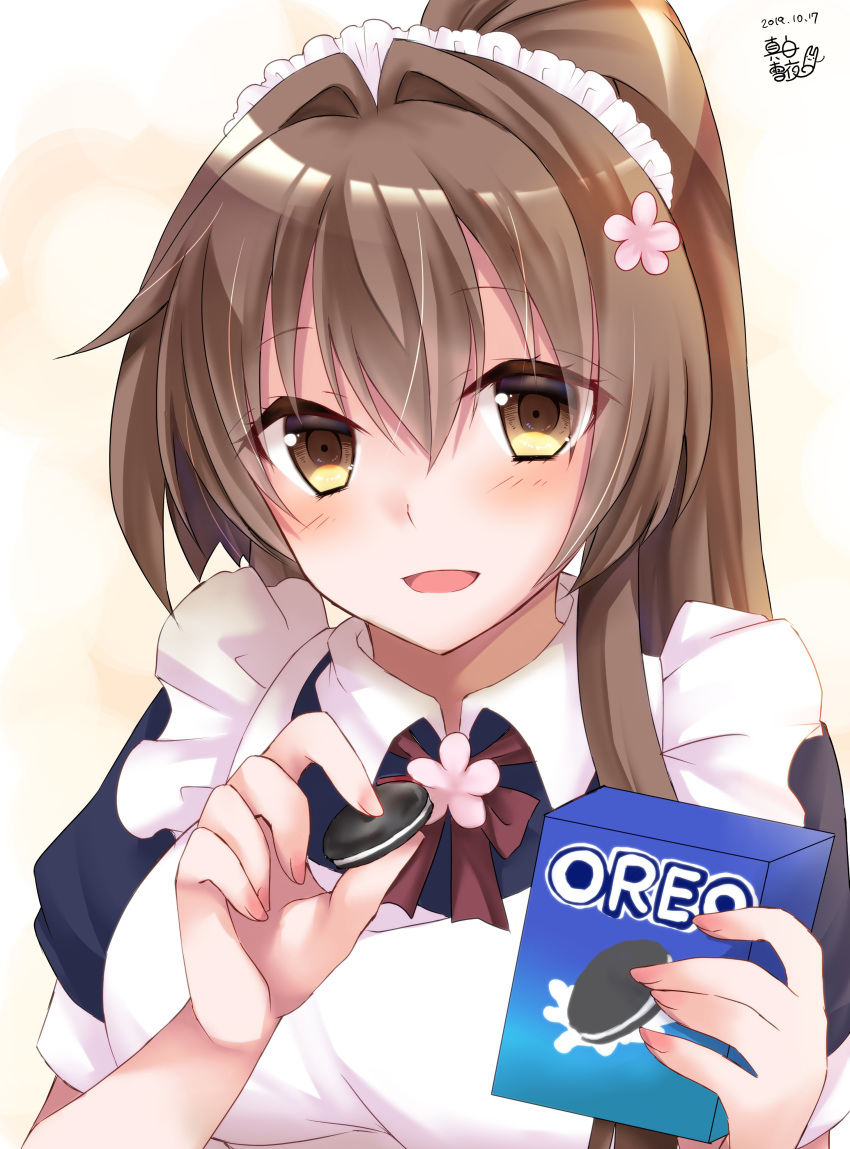 0yukiya0 1girl absurdres alternate_costume apron blush box breasts brown_eyes brown_hair cherry_blossoms cookie eyebrows_visible_through_hair food frills hair_between_eyes highres kantai_collection large_breasts long_hair looking_at_viewer maid maid_apron maid_headdress open_mouth oreo ponytail simple_background smile solo twitter_username white_background yamato_(kantai_collection)