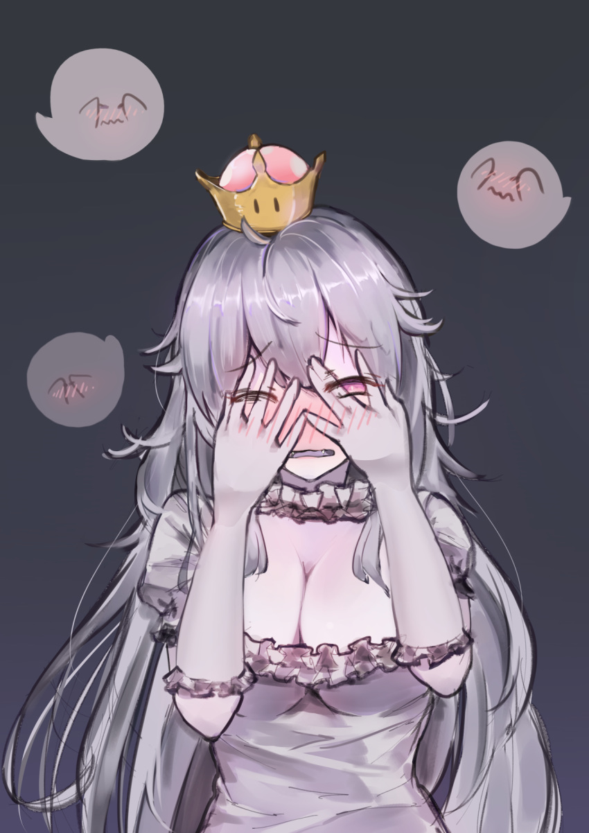 1girl blush breasts cleavage commentary_request crown dress eyebrows_visible_through_hair fangs frills gloves grey_dress greypidjun highres large_breasts long_hair mario_(series) pale_skin peeking_through_fingers pink_eyes princess_king_boo super_crown white_gloves