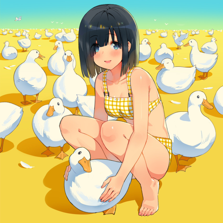 1girl animal bangs bare_arms bare_legs bare_shoulders barefoot bikini bird black_hair blue_sky blush breasts closed_eyes commentary_request ddal eyebrows_visible_through_hair eyes_visible_through_hair feathers goose gradient_sky green_sky hair_over_one_eye highres holding holding_animal horizon looking_at_viewer original parted_lips plaid plaid_bikini shadow sky small_breasts smile solo squatting swimsuit too_many too_many_birds white_feathers