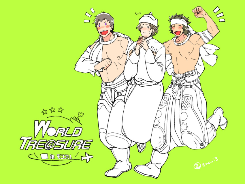 3boys arm_up boots carrying clenched_hand closed_eyes enjouji_michiru era_i3 green_background hands_together hat headband highres idolmaster idolmaster_side-m male_focus multiple_boys nipples no_nose open_mouth partially_colored puffy_pants purple_eyes running shingen_seiji shirtless simple_background smile toned toned_male world_tre@sure_(idolmaster) yamashita_jirou