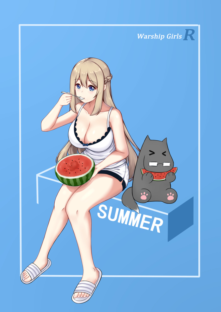 absurdres blue_eyes breasts food fruit glasses highres large_breasts lexington_(warship_girls_r) silver_hair slippers spoon_in_mouth toes underwear uss_lexington_(cv-2) warship_girls_r watermelon xiao_qi