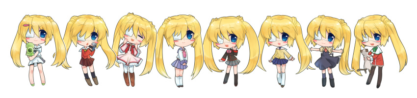 6+girls air angel_beats! blonde_hair blue_eyes blue_sailor_collar blue_skirt camcorder cat charlotte_(anime) chibi clannad company_connection cosplay dress eyepatch highres hikarizaka_private_high_school_uniform hoshinoumi_academy_uniform kamio_misuzu kamio_misuzu_(cosplay) kanon key_(company) little_busters! long_image may_salamanya medical_eyepatch multiple_girls multiple_persona nakatsu_shizuru pink_dress piro rewrite sailor_collar school_uniform serafuku shinda_sekai_sensen_uniform skirt summer_pockets tomori_nao tomori_nao_(cosplay) twintails water_gun white_background white_serafuku white_skirt wide_image