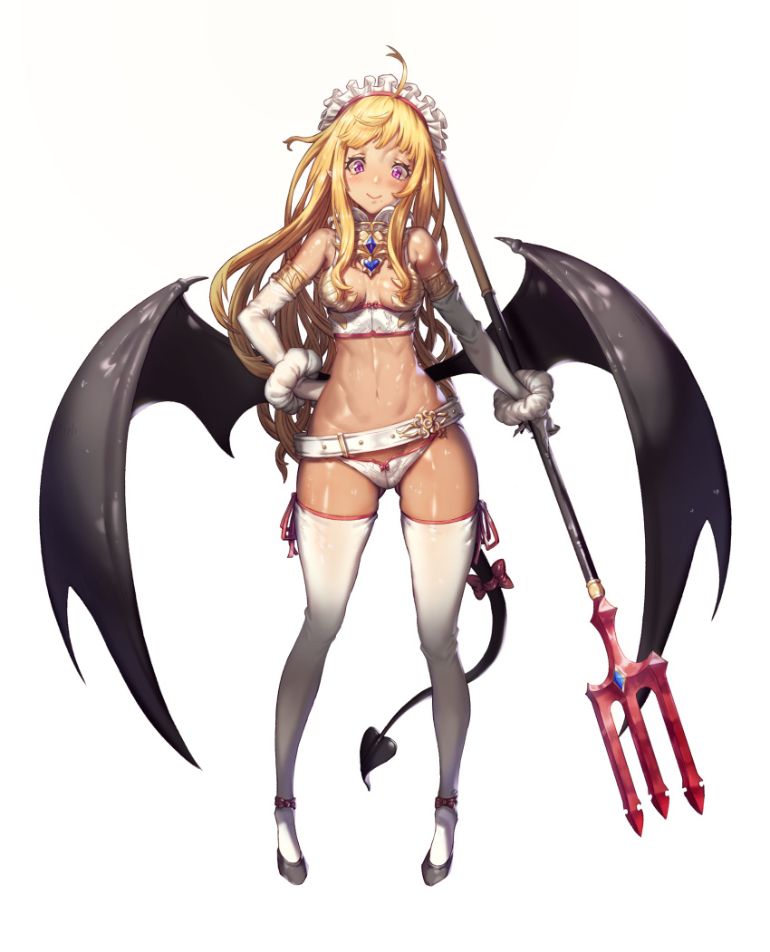 1girl absurdres ass_visible_through_thighs bat_wings belt blonde_hair breasts bustier demon_girl demon_tail elbow_gloves full_body gloves hand_on_hip highres holding long_hair low_wings lowleg lowleg_panties maid_headdress navel original panties pointy_ears polearm purple_eyes shoes small_breasts smile solo sseli standing succubus tail thighhighs toned trident underwear underwear_only weapon white_legwear white_panties wings