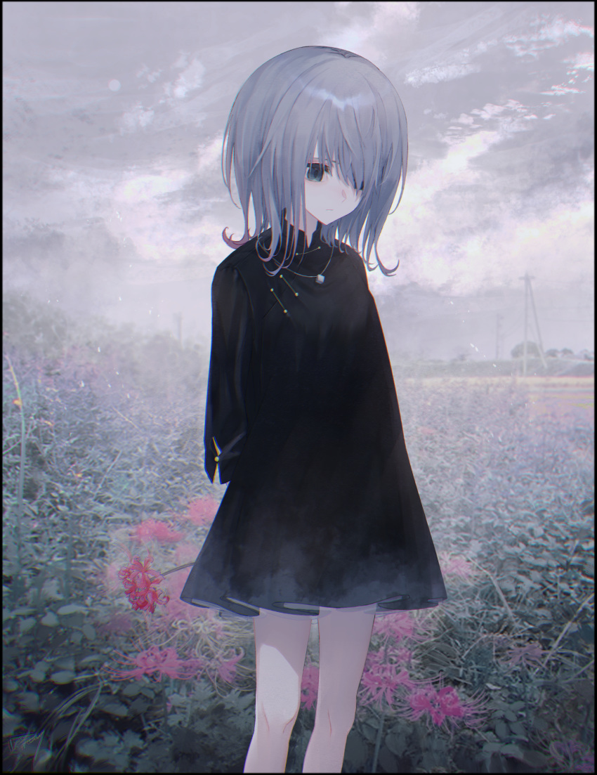 1girl arms_behind_back bangs black_dress breasts china_dress chinese_clothes cloud cloudy_sky commentary_request dress eyebrows_behind_hair field flower grey_eyes grey_hair grey_sky hair_over_one_eye haizome_senri highres holding holding_flower long_hair looking_away looking_down original outdoors photo_background power_lines red_flower short_dress sky small_breasts solo spider_lily tears telephone_pole