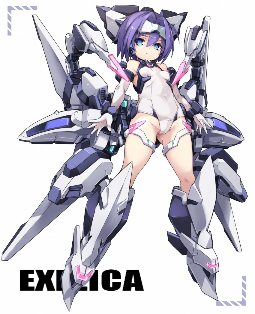 1girl absurdres bangs bare_shoulders blue_eyes breasts character_name commentary_request covered_navel diagonal_stripes elbow_gloves exelica eyebrows_visible_through_hair gloves groin hair_between_eyes headgear highres karukan_(monjya) looking_at_viewer mecha_musume one-piece_swimsuit parted_lips purple_hair school_swimsuit simple_background small_breasts solo striped swimsuit trigger_heart_exelica white_background white_gloves white_school_swimsuit white_swimsuit