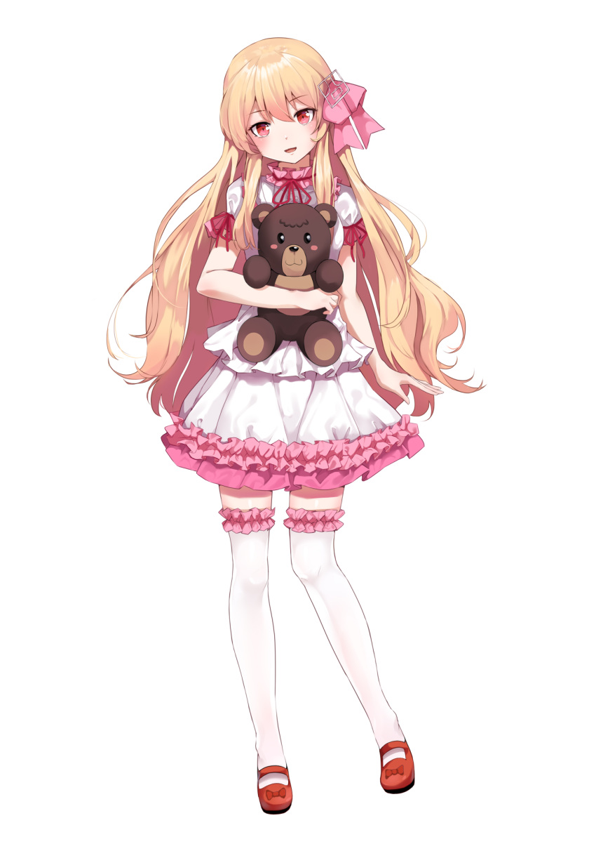 1girl arm_at_side bangs blonde_hair bow commentary_request eyebrows_visible_through_hair frilled_legwear frilled_skirt frilled_sleeves frills full_body hair_ornament hair_ribbon head_tilt highres holding holding_stuffed_animal kanji_hair_ornament keisenko long_hair looking_at_viewer mary_janes open_mouth original pink_ribbon puffy_short_sleeves puffy_sleeves red_bow red_eyes red_footwear red_ribbon ribbon shirt shoe_bow shoes short_sleeves sidelocks simple_background skirt skirt_set smile snozaki solo standing stuffed_animal stuffed_toy teddy_bear thighhighs very_long_hair white_background white_legwear white_shirt white_skirt zettai_ryouiki