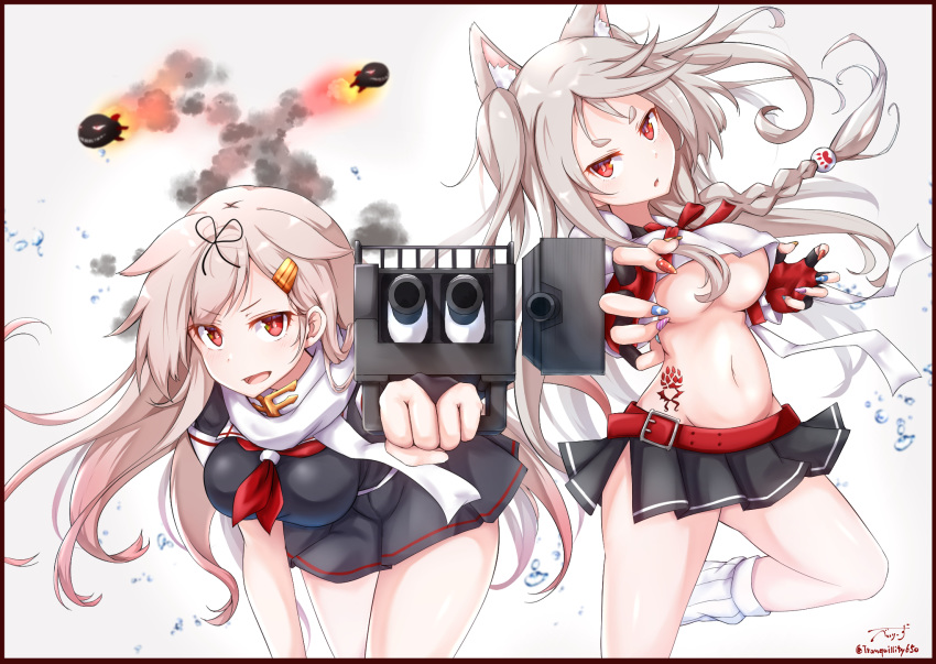 2girls animal_ears artist_name azur_lane baileys_(tranquillity650) belt black_serafuku black_shirt black_skirt blonde_hair braid breasts claw_pose commentary crossover devil_may_cry devil_may_cry_3 eyebrows_visible_through_hair fingerless_gloves floating_hair gloves gun hair_between_eyes hair_flaps hair_ornament hair_ribbon hairclip highres holding holding_gun holding_weapon kantai_collection large_breasts leg_up long_hair looking_at_viewer multicolored multicolored_nails multiple_girls nail_polish namesake neckerchief plaid plaid_skirt red_belt red_eyes red_neckwear remodel_(kantai_collection) ribbon scarf school_uniform serafuku shirt short_eyebrows short_sleeves side_braid signature silver_hair simple_background single_braid skirt tattoo thick_eyebrows torpedo underboob v-shaped_eyebrows very_long_hair water_drop weapon white_background white_shirt wolf_ears wolf_girl yuudachi_(azur_lane) yuudachi_(kantai_collection)