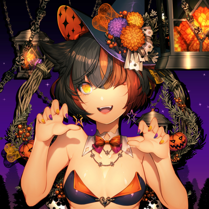 1girl ;d animal_ears bangs barefoot bikini_top black_hair black_headwear bow bowtie breasts breda_30 cat_ears claw_pose detached_collar domco earrings eyebrows_visible_through_hair fangs flower halloween hat hat_flower highres jack-o'-lantern jewelry lantern lips medium_breasts multicolored multicolored_nails necklace one_eye_closed open_mouth orange_bow orange_eyes orange_flower orange_hair orange_nails original purple_flower purple_nails red_hair short_hair slit_pupils smile solo star star_earrings upper_body witch_hat