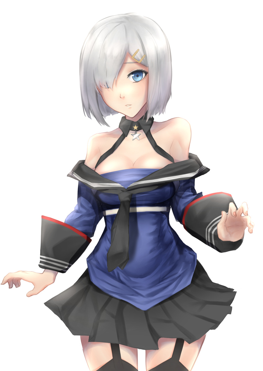 1girl absurdres black_legwear black_skirt blue_eyes blue_shirt bob_cut breasts cleavage commentary_request cosplay cowboy_shot garter_straps hair_ornament hair_over_one_eye hairclip hamakaze_(kantai_collection) highres johnston_(kantai_collection) johnston_(kantai_collection)_(cosplay) kantai_collection large_breasts looking_at_viewer off_shoulder oregano_(olgn_eao) pleated_skirt sailor_collar school_uniform serafuku shirt short_hair silver_hair skirt solo standing thighhighs white_background