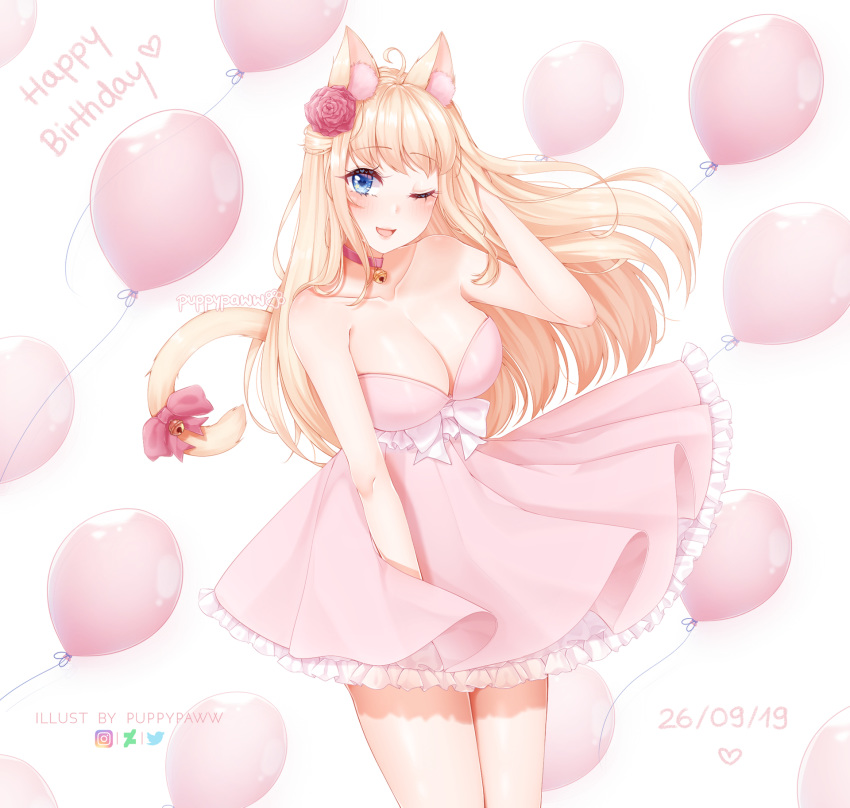 1girl ahoge animal_ears artist_name balloon bangs bare_shoulders bell bell_collar blonde_hair blush bow breasts cat_ears cat_tail cleavage collar collarbone commentary commission dated deviantart_logo dress eyebrows_visible_through_hair happy_birthday heart highres instagram_logo large_breasts long_hair looking_at_viewer one_eye_closed original pink_dress puppypaww smile solo tail twitter_logo