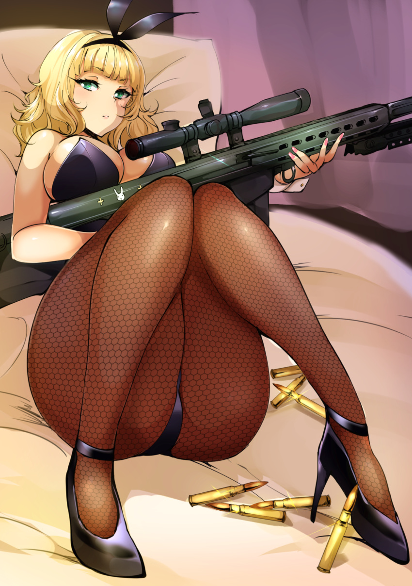 1girl agetama animal_ears anti-materiel_rifle bare_shoulders barrett_m82 bipod black_footwear black_leotard blonde_hair breasts bunny_ears bunny_girl bunnysuit commentary_request fake_animal_ears fishnet_pantyhose fishnets green_eyes gun high_heels highleg highleg_leotard highres holding holding_gun holding_weapon large_breasts leotard medium_hair nail_polish on_bed pantyhose pillow pink_nails rifle saionji_usagi scope sniper_rifle solo strapless strapless_leotard taimadou_gakuen_35_shiken_shoutai weapon wrist_cuffs