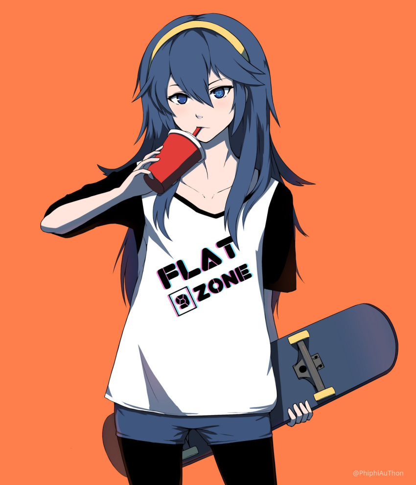 1girl artist_name black_legwear blue_eyes blue_hair drinking fire_emblem fire_emblem_awakening flat_chest hairband highres holding holding_skateboard legwear_under_shorts long_hair looking_at_viewer lucina_(fire_emblem) orange_background pantyhose phiphi-au-thon shoes short_shorts shorts simple_background skateboard soda solo super_smash_bros. tiara twitter_username