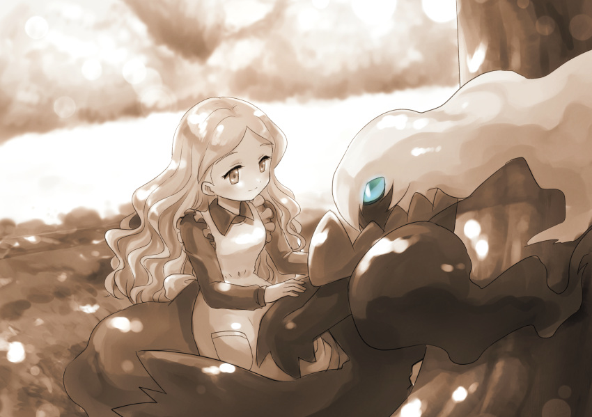 1girl alicia_(pokemon) apron blue_eyes blush breasts closed_mouth dappled_sunlight darkrai day dress eye_contact gen_4_pokemon grass hands_up happy highres legendary_pokemon light_blush long_hair long_sleeves looking_at_another monochrome outdoors pokemon pokemon_(anime) pokemon_(creature) pokemon_dppt_(anime) pokemon_m10 sepia sitting small_breasts smile spot_color sunlight tree yuki56