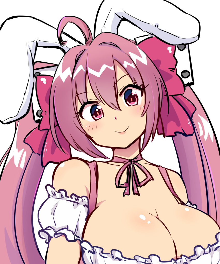 1girl absurdres animal_ears blush breasts bunny_ears choker cleavage closed_mouth commentary di_gi_charat dice_hair_ornament hair_ornament highres large_breasts long_hair looking_at_viewer nono_(totokin) pink_hair red_eyes simple_background smile solo twintails upper_body usada_hikaru white_background