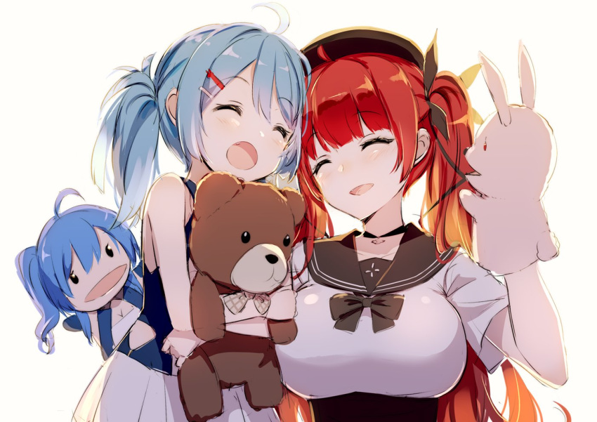 2girls ahoge argyle_cutout azur_lane bangs black_choker black_ribbon black_sailor_collar blue_hair blunt_bangs breasts character_doll choker cleavage closed_eyes commentary_request elbow_gloves eyebrows_visible_through_hair gloves gochou_(atemonai_heya) hair_ornament hairclip hand_puppet honolulu_(azur_lane) honolulu_(parasol_girl)_(azur_lane) large_breasts little_helena_(azur_lane) long_hair multiple_girls object_hug objectification one_side_up open_mouth puppet red_hair ribbon sailor_collar short_twintails st._louis_(azur_lane) stuffed_animal stuffed_toy teddy_bear twintails upper_body very_long_hair white_background white_serafuku younger