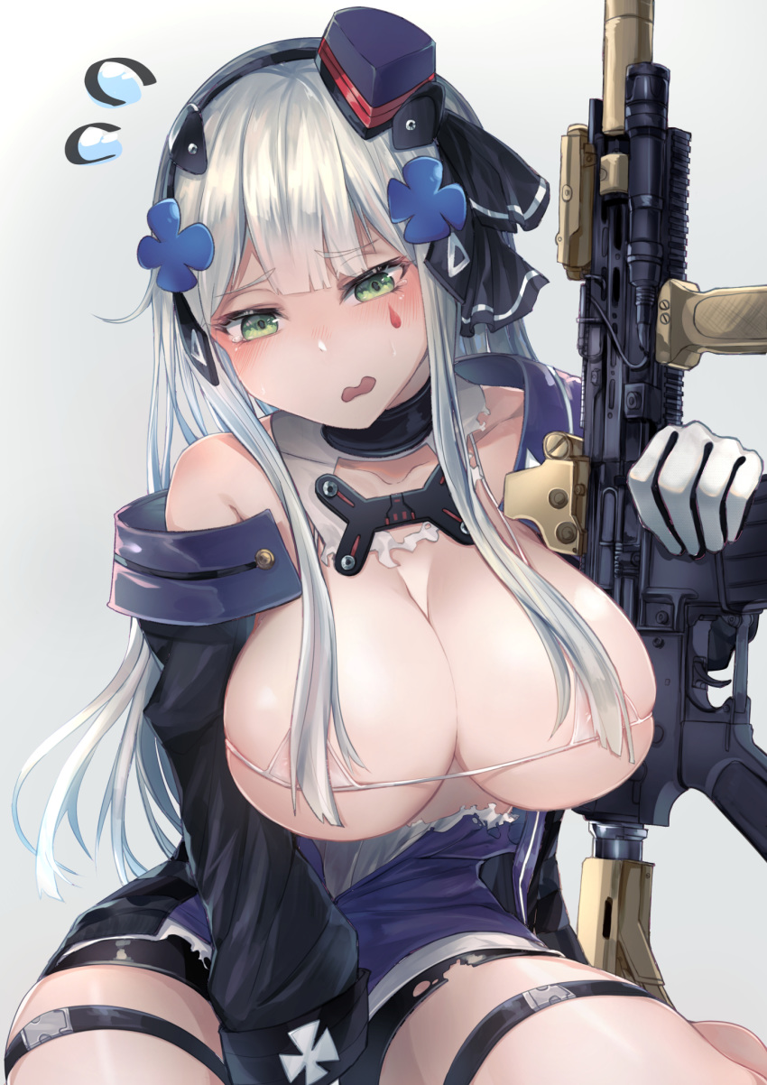 1girl assault_rifle bangs bare_shoulders beret blunt_bangs blush bra breasts cleavage damaged dress eyebrows_visible_through_hair facial_mark flying_sweatdrops girls_frontline gloves green_eyes gun h&amp;k_hk416 hair_ornament hair_ribbon hakua_mill hat headgear heckler_&amp;_koch highres hk416_(girls_frontline) holding holding_gun holding_weapon jacket large_breasts long_hair looking_at_viewer micro_bra military_jacket mini_hat mod3_(girls_frontline) open_clothes open_jacket purple_dress ribbon rifle silver_hair sitting skindentation skirt solo teardrop tearing_up torn_clothes underwear very_long_hair weapon white_bra