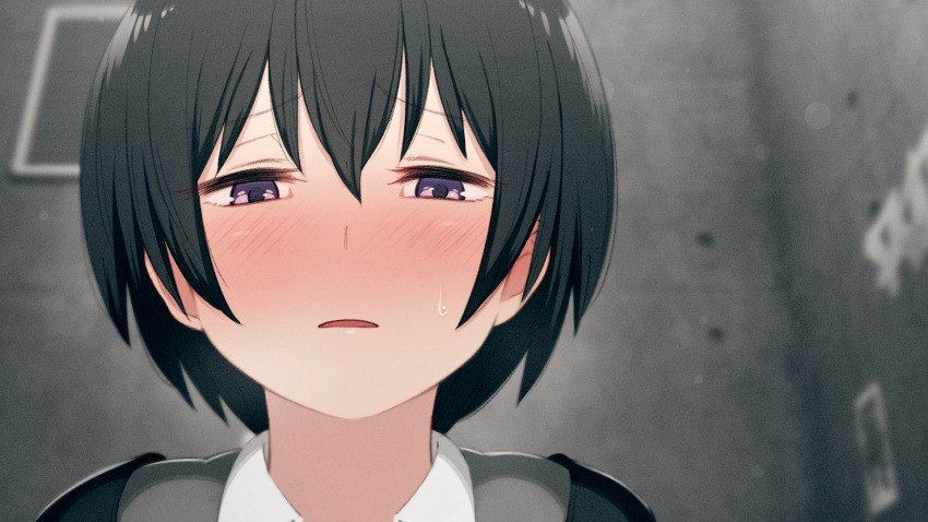 1girl black_hair blush bob_cut close-up commentary_request eyebrows_visible_through_hair hair_between_eyes half-closed_eyes highres kemuri_haku looking_down open_mouth original purple_eyes short_hair solo stall sweat toilet