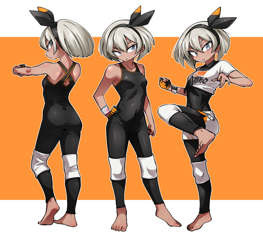 1girl ass bangs bare_arms bare_shoulders barefoot black_bodysuit black_hairband black_ribbon blush bodysuit breasts clenched_hand clothes_writing collarbone commentary_request fighting_stance from_behind full_body gloves grey_eyes gym_leader hair_between_eyes hair_ribbon hairband hand_on_hip head_tilt looking_at_viewer multiple_views orange_background outline parted_lips pokemon pokemon_(game) pokemon_swsh profile ribbon saitou_(pokemon) shimizu_pem shirt short_hair short_shorts short_sleeves shorts silver_hair single_glove sleeveless sleeveless_bodysuit small_breasts standing standing_on_one_leg t-shirt tied_shirt two-tone_background v-shaped_eyebrows white_background white_outline white_shirt white_shorts wristband