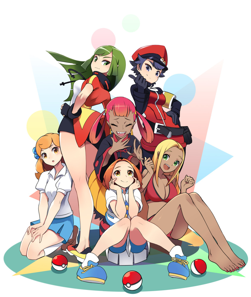 6+girls ace_trainer_(pokemon) barefoot belt black_gloves black_hair blonde_hair breasts brown_eyes cleavage closed_eyes dark_skin gloves green_eyes green_hair hair_rings hand_on_hip hat highres jacket knees_together_feet_apart lass_(pokemon) long_hair multiple_girls orange_hair poke_ball poke_ball_(generic) pokemon pokemon_(game) pokemon_frlg pokemon_masters pokemon_oras pokemon_ranger_(pokemon) pokemon_xy punk_girl_(pokemon) rising_star_(pokemon) seiza sharp_teeth short_hair sitting skirt smile socks swimmer_(pokemon) teeth tm_(hanamakisan) toes twintails