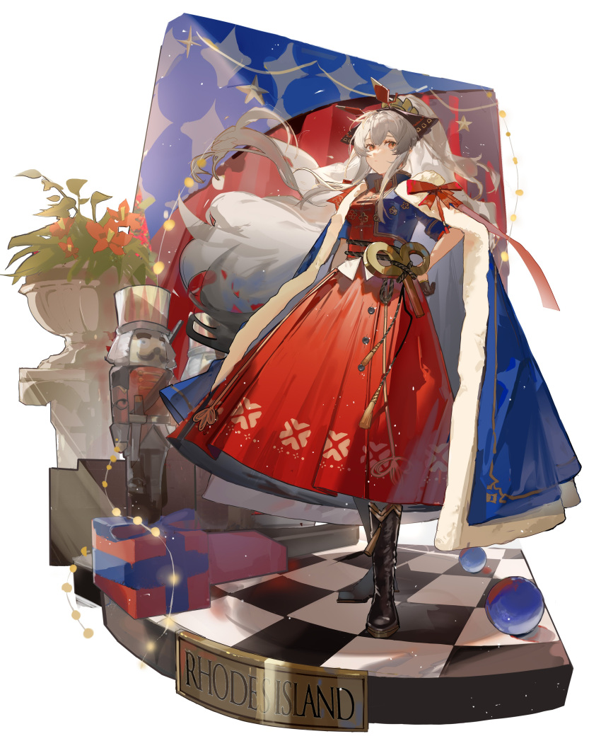 1girl 9degree absurdres arknights bangs boots bow cape closed_mouth commentary dress hair_bow hand_on_hip highres long_dress long_hair official_alternate_costume ponytail red_dress red_eyes ribbon silver_hair solo symbol-only_commentary tassel weedy_(arknights) weedy_(candy_cape)_(arknights) winding_key