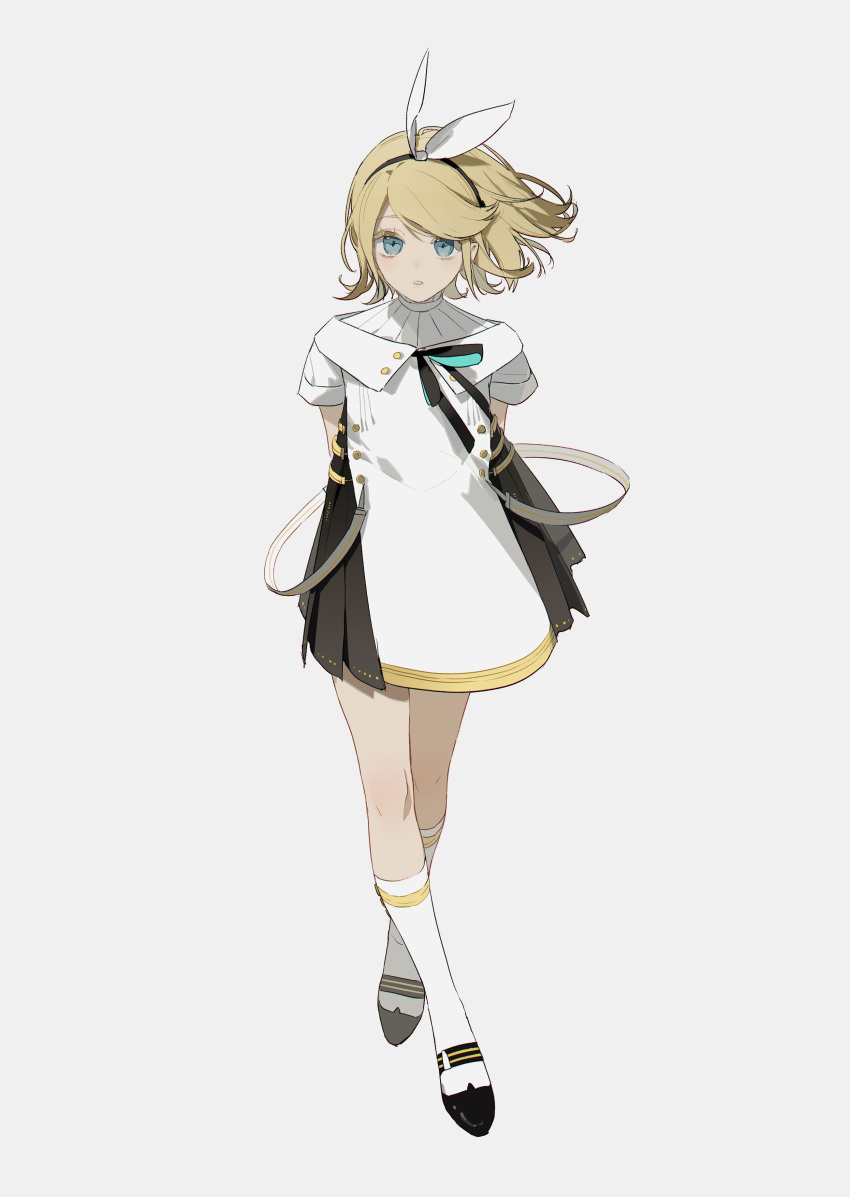 1girl absurdres bangs black_ribbon blonde_hair blue_eyes dress grey_background hair_between_eyes hair_ornament highres kagamine_rin looking_at_viewer miku_symphony_(vocaloid) neck_ribbon parted_lips ribbon shoes short_hair simple_background socks solo standing vocaloid white_dress white_legwear zhibuji_loom